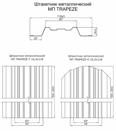 Размеры металлического штакетника МеталлПрофиль Trapeze